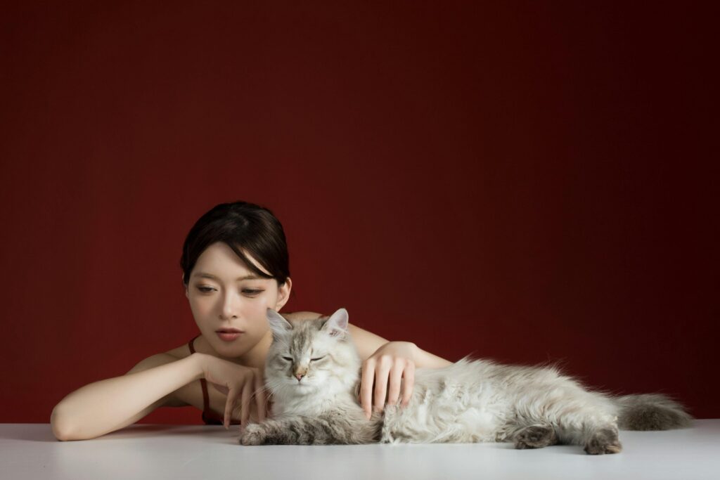 Young woman enjoying a calm moment with her fluffy cat on a table against a rich red background.